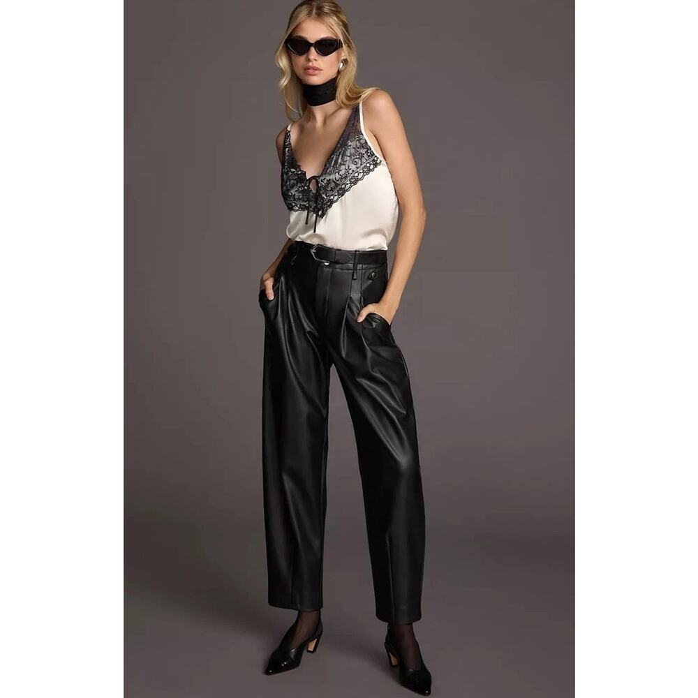 Maeve by Anthropologie Womans Sz 16 Pants Black Taper Pleated Vegan Leather
